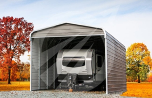 Camper in metal storage building