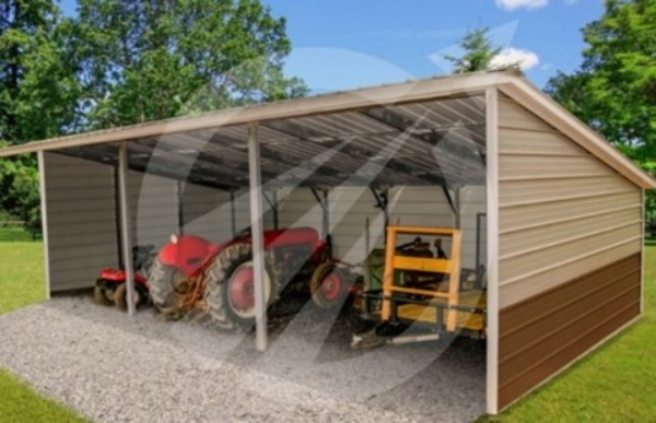 Farm equipment under metal shelter