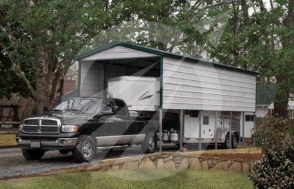 Pickup truck with trailer under metal building