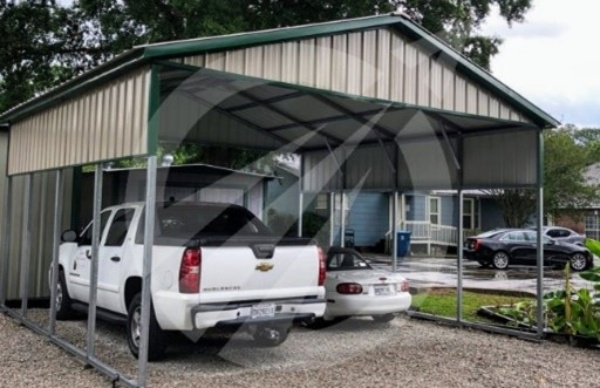 Vehicles under metal carport